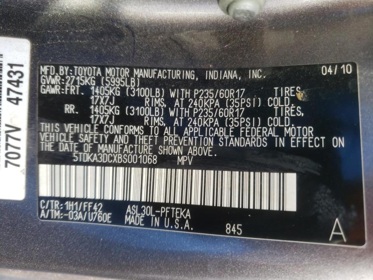 Photo 10 from auction – 2011 TOYOTA SIENNA BAS with VIN 5TDKA3DCXBS001068