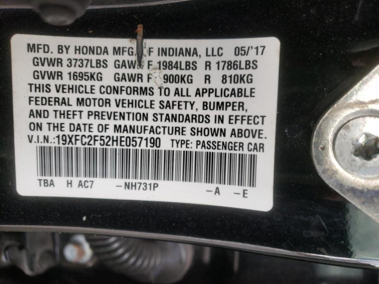 Photo 10 from auction – 2017 HONDA CIVIC LX with VIN 19XFC2F52HE057190