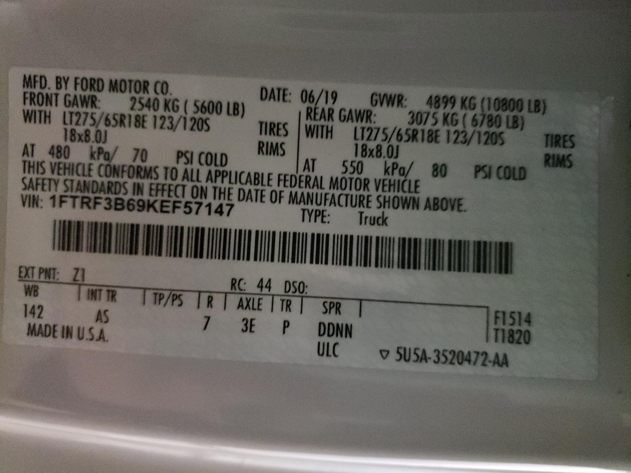 Photo 10 from auction – 2019 FORD F350 SUPER with VIN 1FTRF3B69KEF57147