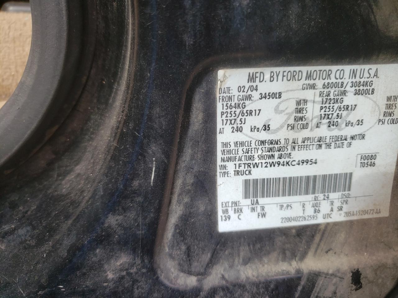 Photo 10 from auction – 2004 FORD F150 SUPER with VIN 1FTRW12W94KC49954