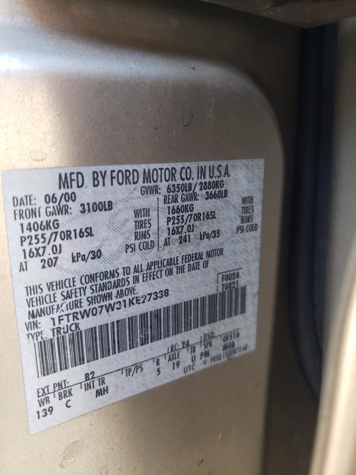 Photo 10 from auction – 2001 FORD F150 SUPER with VIN 1FTRW07W31KE27338