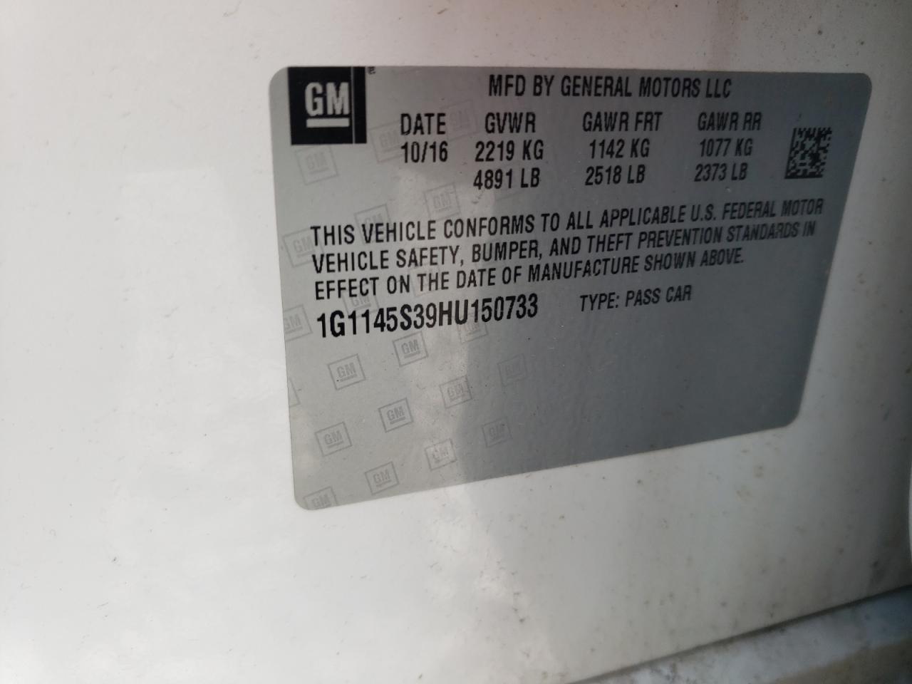 Photo 10 from auction – 2017 CHEVROLET IMPALA PRE with VIN 1G1145S39HU150733