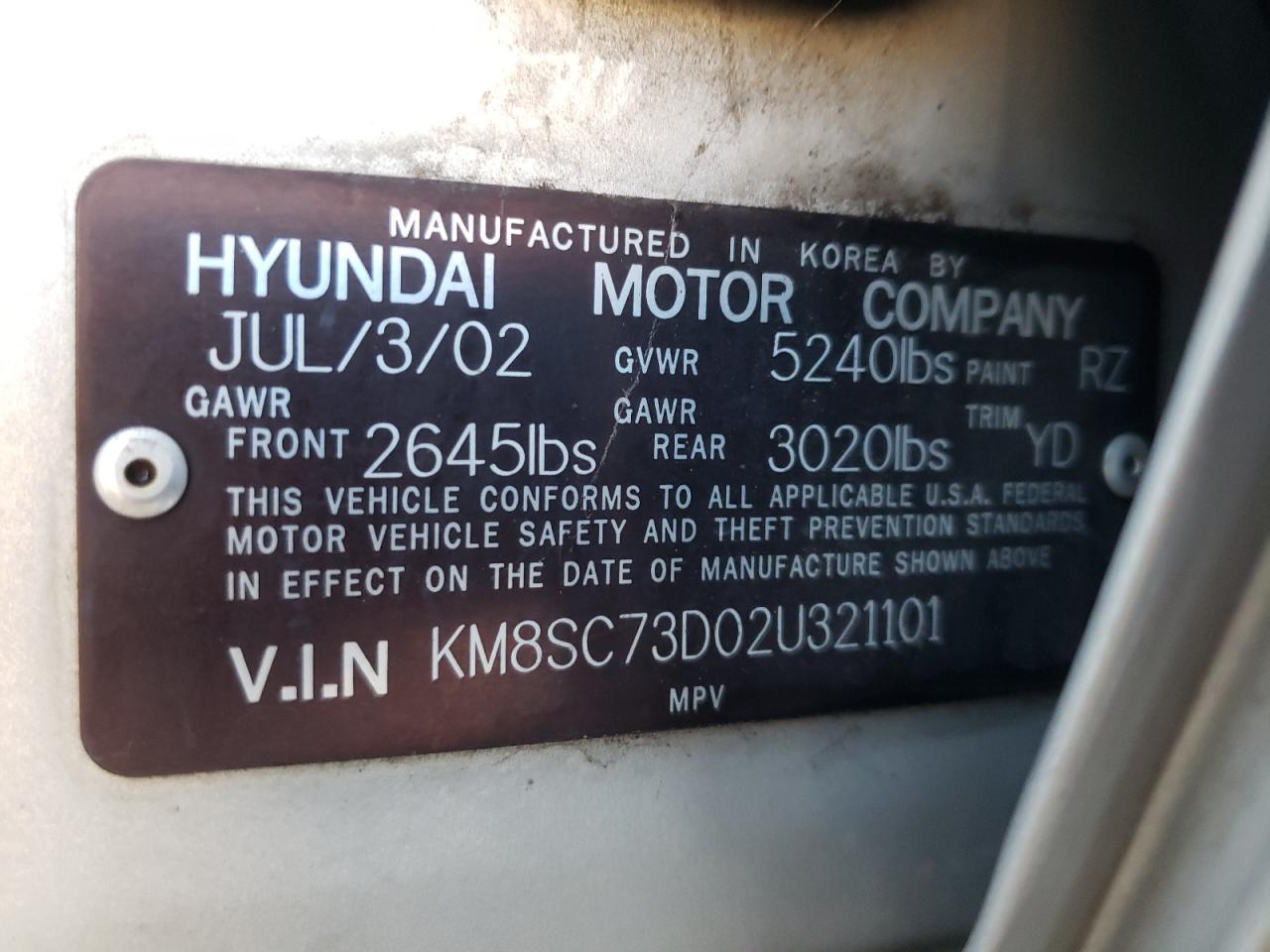 Photo 10 from auction – 2002 HYUNDAI SANTA FE G with VIN KM8SC73D02U321101