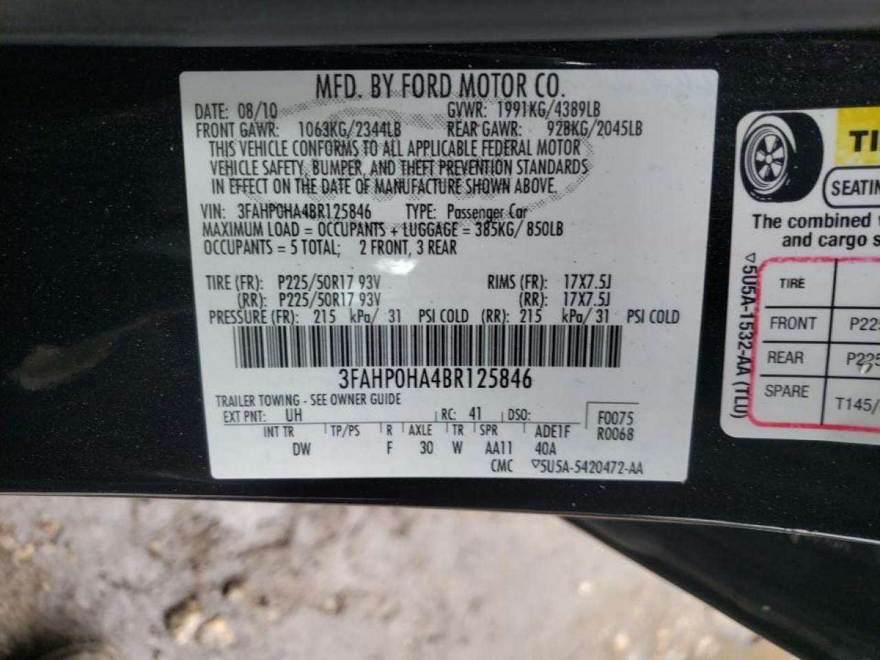 Photo 10 from auction – 2011 FORD FUSION SE with VIN 3FAHP0HA4BR125846