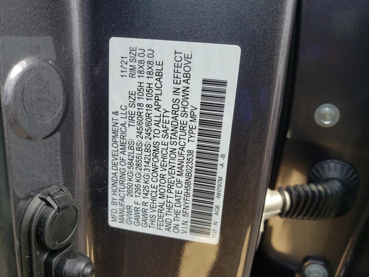 Photo 10 from auction – 2022 HONDA PILOT EXL with VIN 5FNYF6H58NB023538