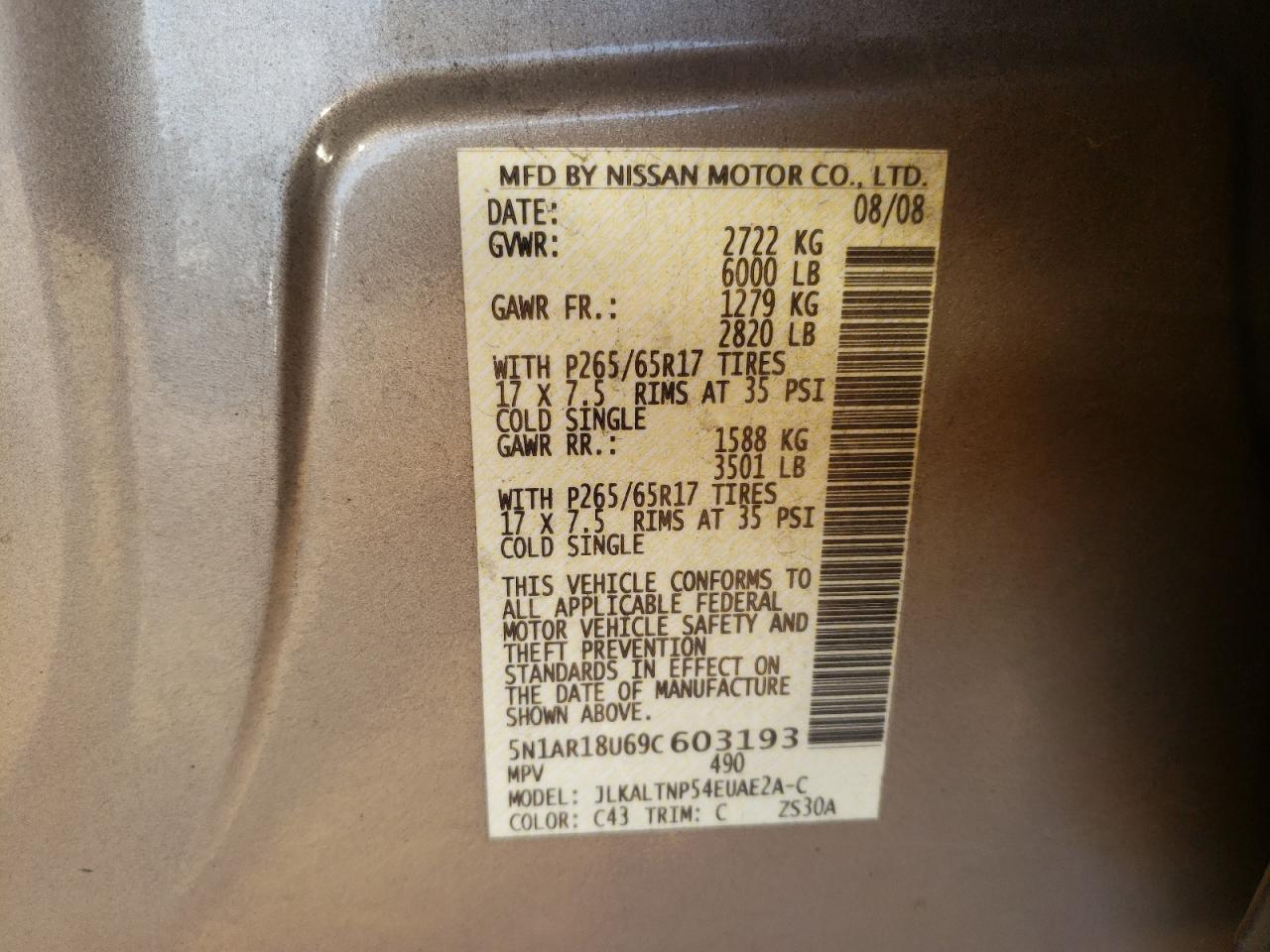 Photo 10 from auction – 2009 NISSAN PATHFINDER with VIN 5N1AR18U69C603193
