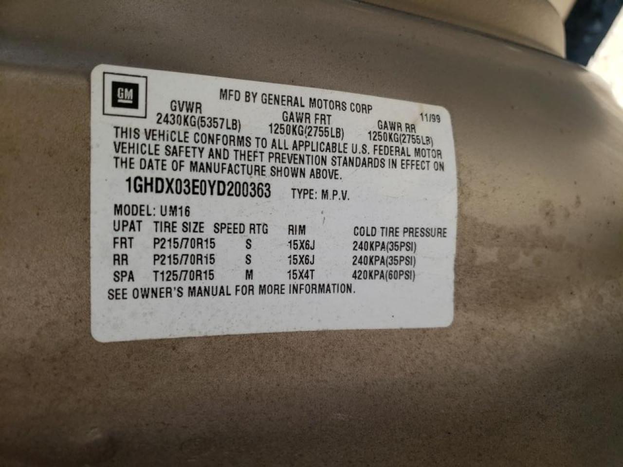 Photo 10 from auction – 2000 OLDSMOBILE SILHOUETTE with VIN 1GHDX03E0YD200363