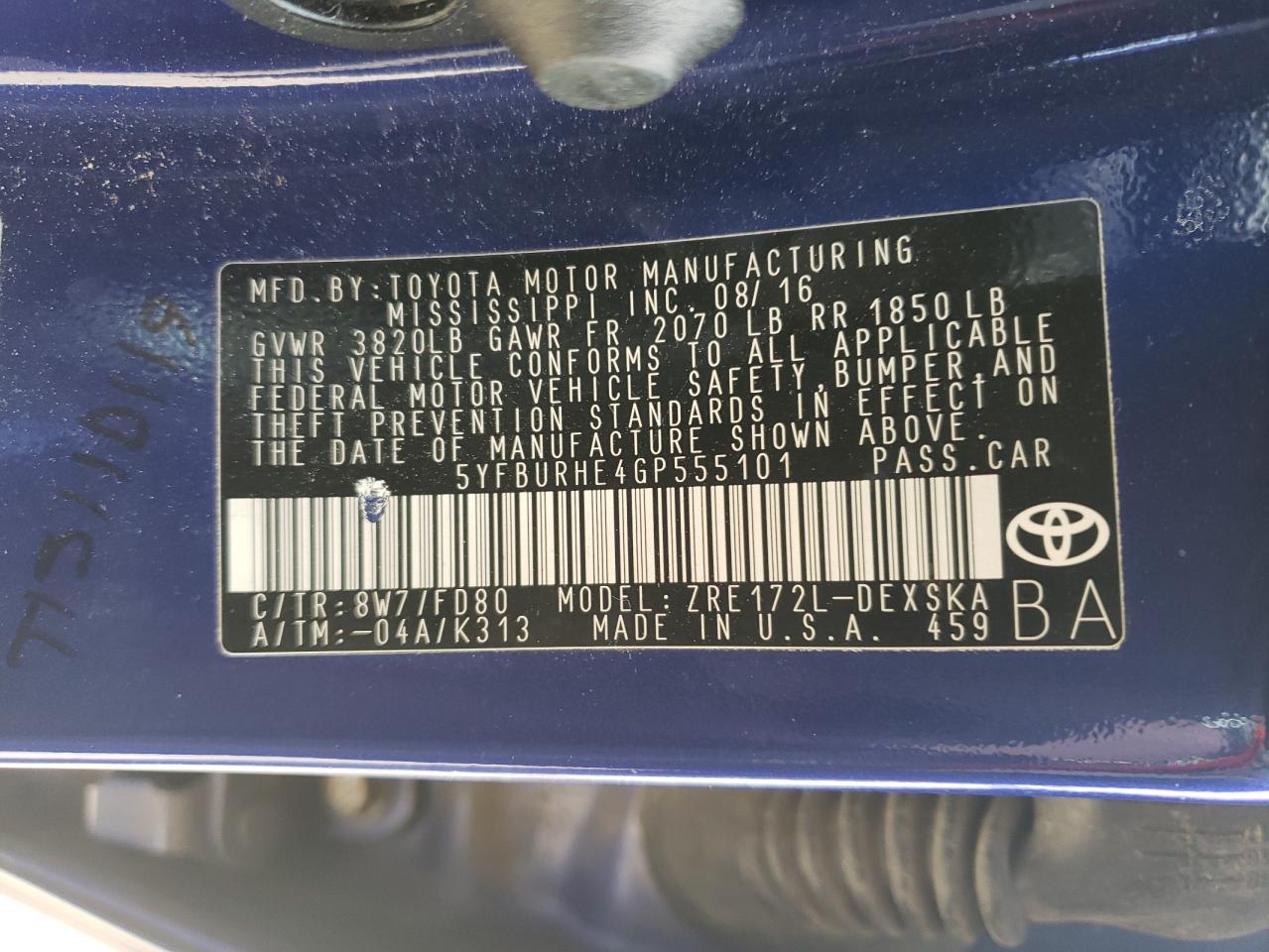 Photo 10 from auction – 2016 TOYOTA COROLLA L with VIN 5YFBURHE4GP555101