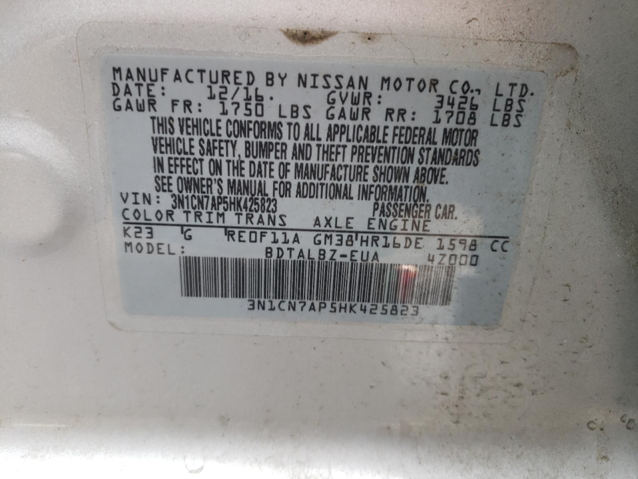 Photo 10 from auction – 2017 NISSAN VERSA S with VIN 3N1CN7AP5HK425823