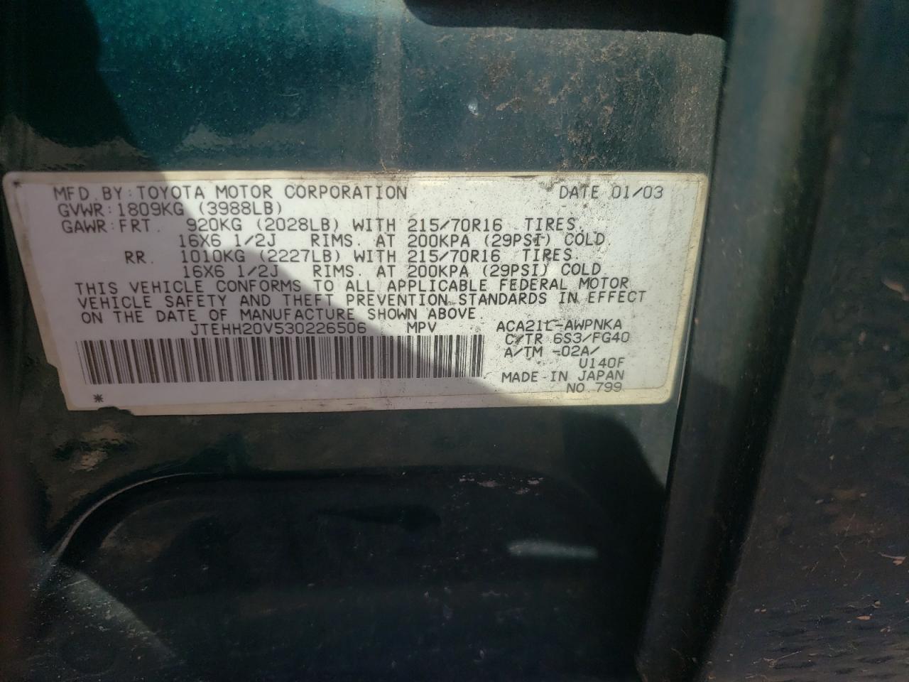 Photo 10 from auction – 2003 TOYOTA RAV4 with VIN JTEHH20V530226506