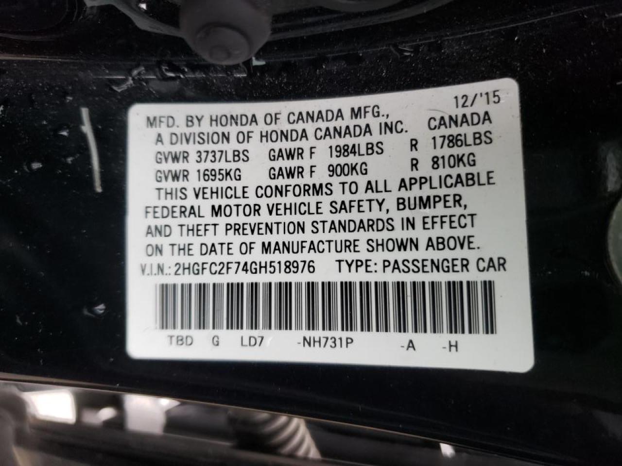 Photo 10 from auction – 2016 HONDA CIVIC EX with VIN 2HGFC2F74GH518976