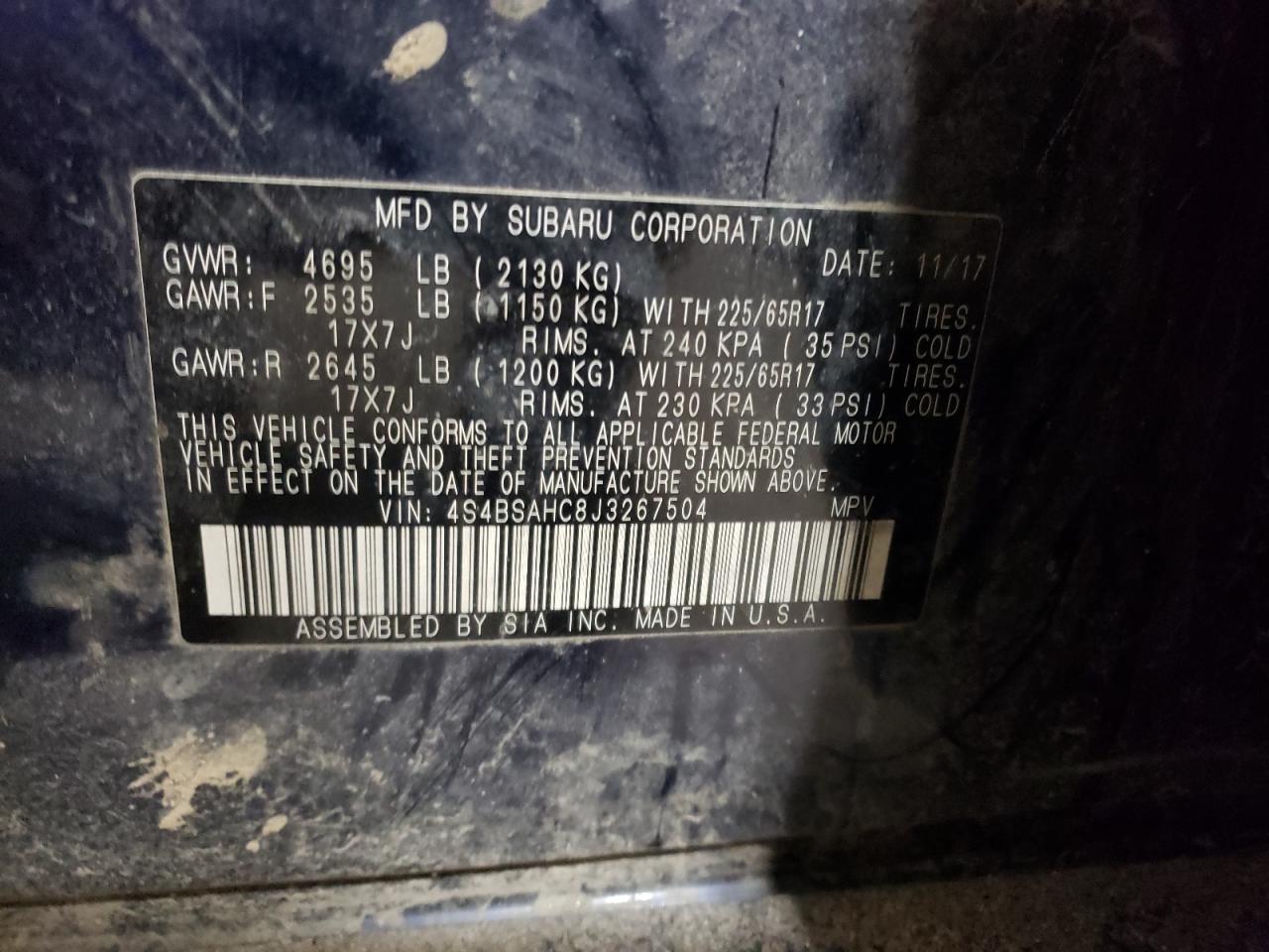 Photo 10 from auction – 2018 SUBARU OUTBACK 2. with VIN 4S4BSAHC8J3267504