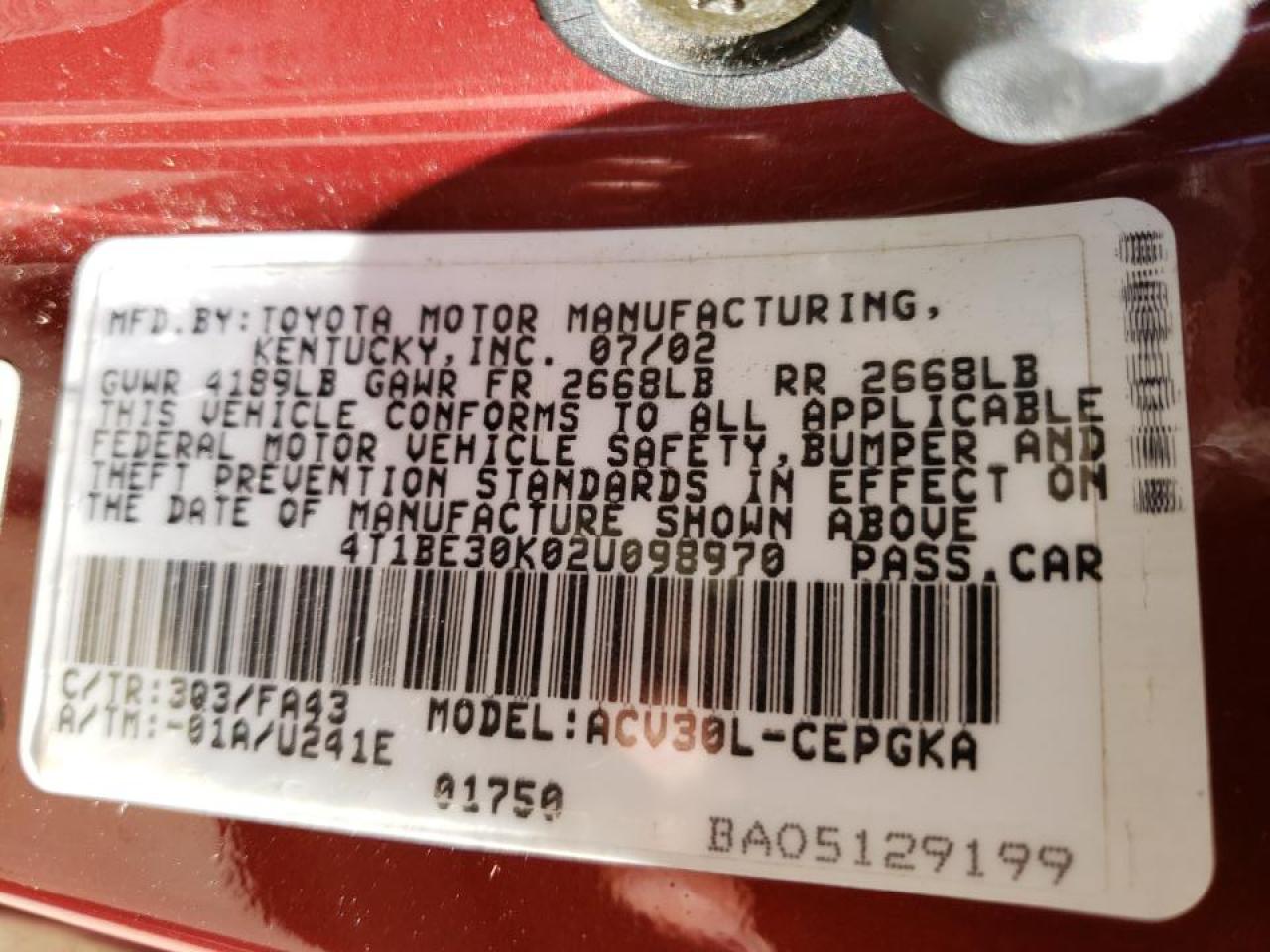 Photo 10 from auction – 2002 TOYOTA CAMRY LE with VIN 4T1BE30K02U098970