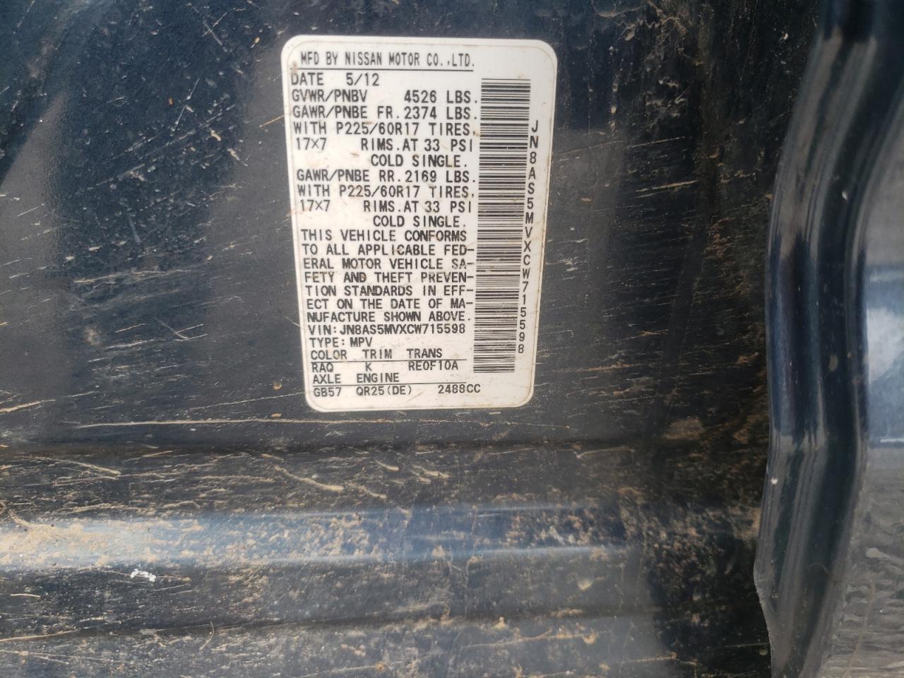 Photo 10 from auction – 2012 NISSAN ROGUE S with VIN JN8AS5MVXCW715598
