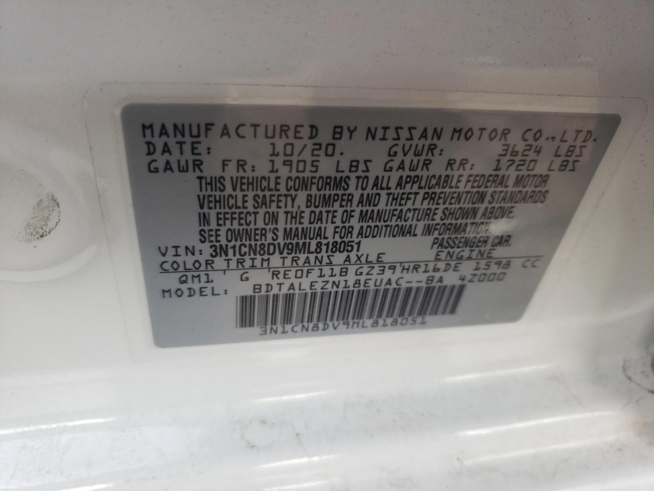 Photo 10 from auction – 2021 NISSAN VERSA S with VIN 3N1CN8DV9ML818051