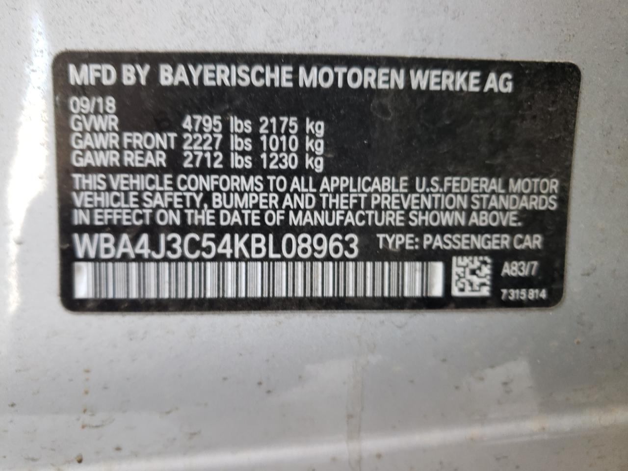 Photo 10 from auction – 2019 BMW 430XI GRAN with VIN WBA4J3C54KBL08963