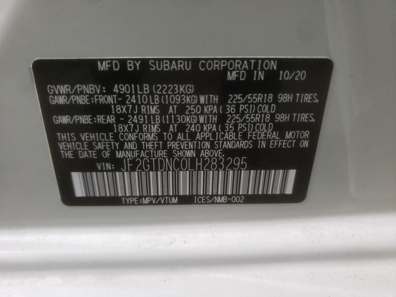 Photo 10 from auction – 2020 SUBARU CROSSTREK with VIN JF2GTDNC0LH283295