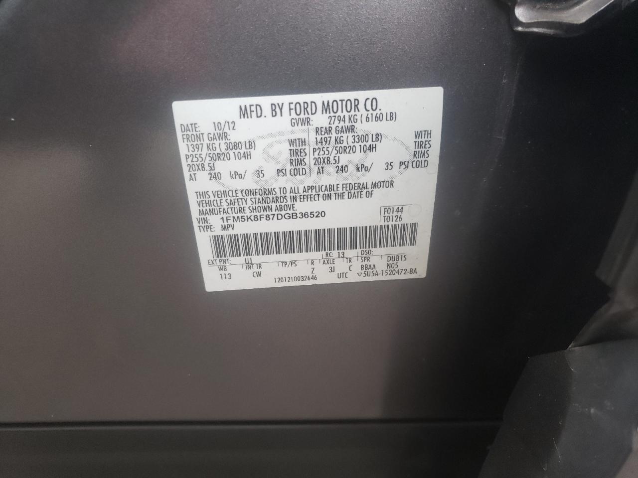 Photo 10 from auction – 2013 FORD EXPLORER L with VIN 1FM5K8F87DGB36520