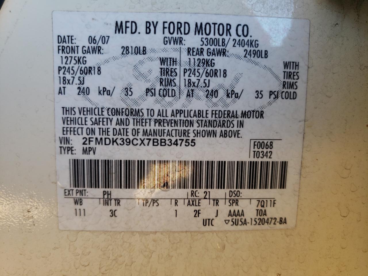 Photo 10 from auction – 2007 FORD EDGE SEL P with VIN 2FMDK39CX7BB34755