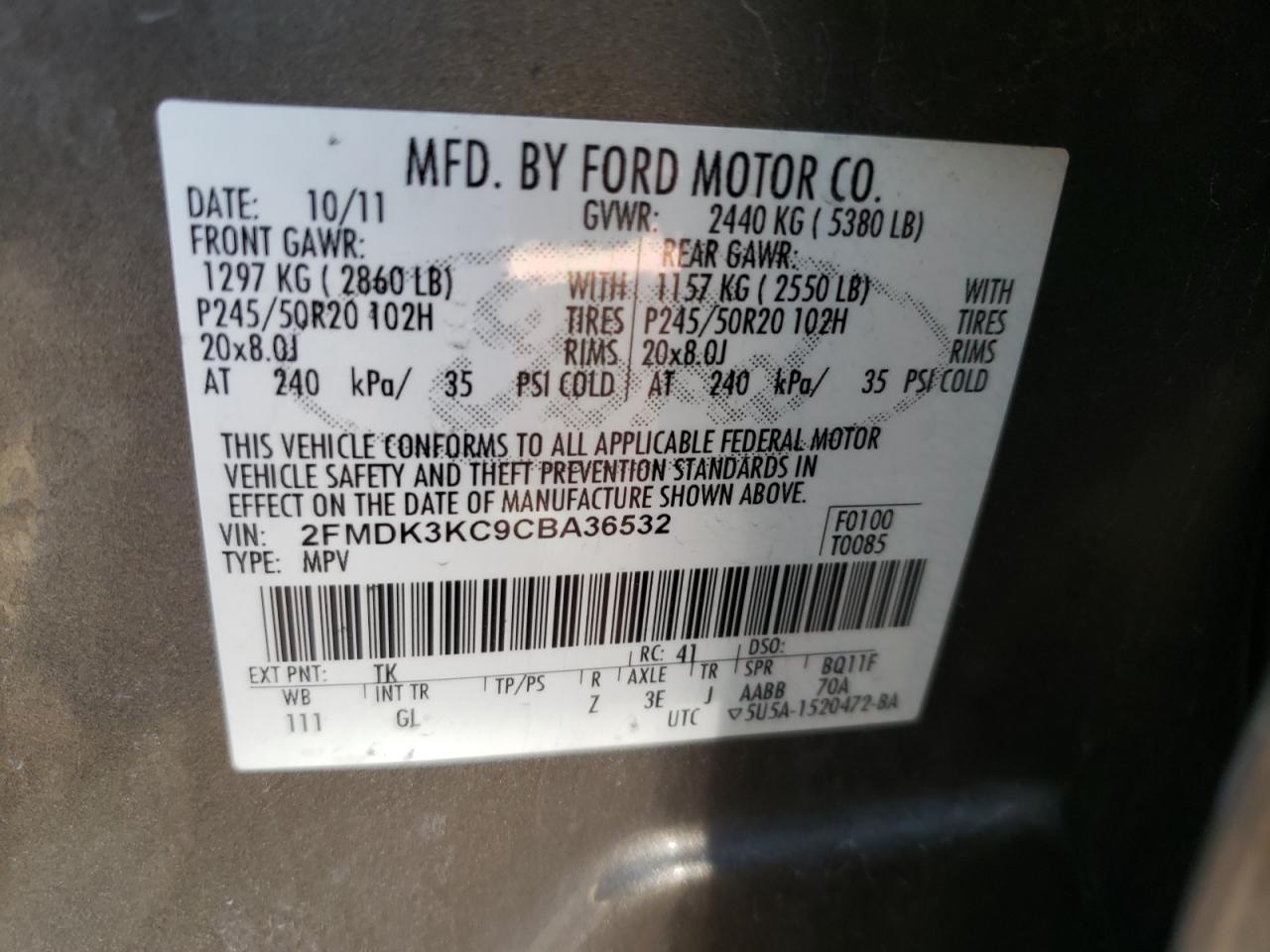 Photo 10 from auction – 2012 FORD EDGE LIMIT with VIN 2FMDK3KC9CBA36532