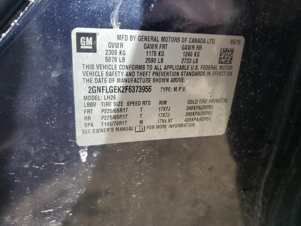 Photo 10 from auction – 2015 CHEVROLET EQUINOX LT with VIN 2GNFLGEK2F6373956