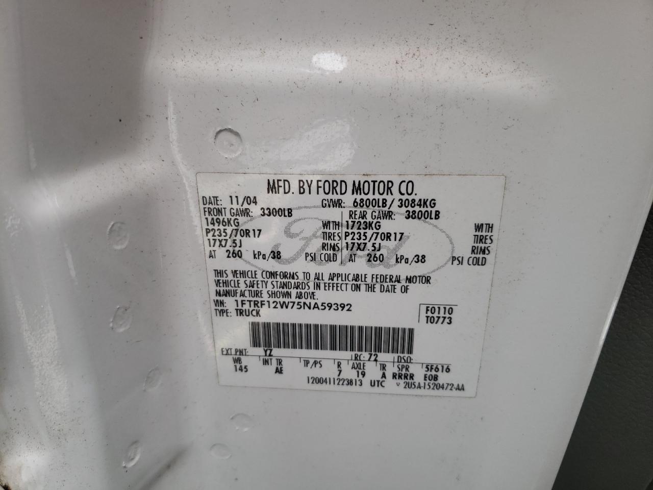 Photo 10 from auction – 2005 FORD F150 with VIN 1FTRF12W75NA59392