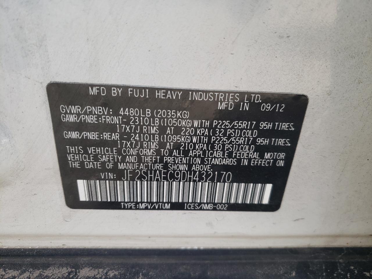Photo 10 from auction – 2013 SUBARU FORESTER L with VIN JF2SHAEC9DH432170