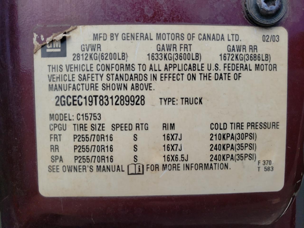 Photo 10 from auction – 2003 CHEVROLET SILVERADO with VIN 2GCEC19T831289928