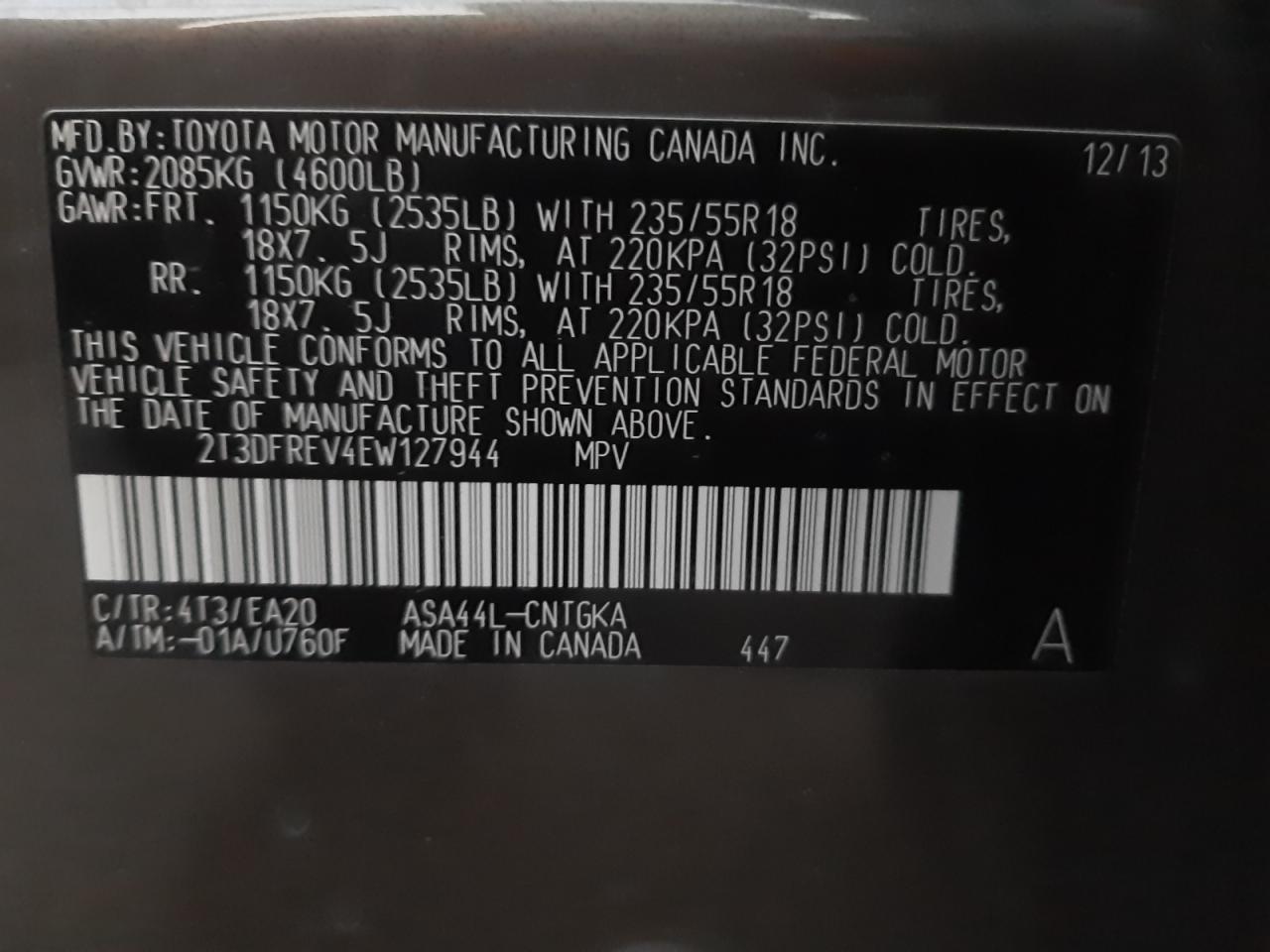 Photo 10 from auction – 2014 TOYOTA RAV4 LIMIT with VIN 2T3DFREV4EW127944