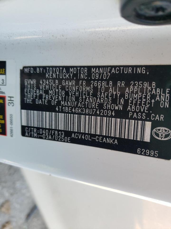 Photo 10 from auction – 2008 TOYOTA CAMRY CE with VIN 4T1BE46K38U742094