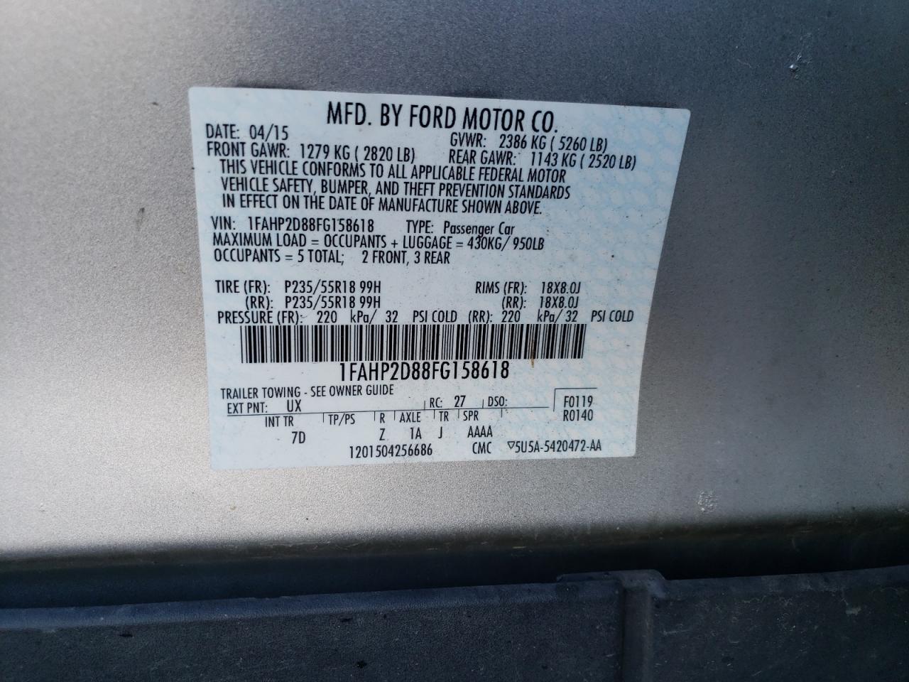 Photo 10 from auction – 2015 FORD TAURUS SE with VIN 1FAHP2D88FG158618