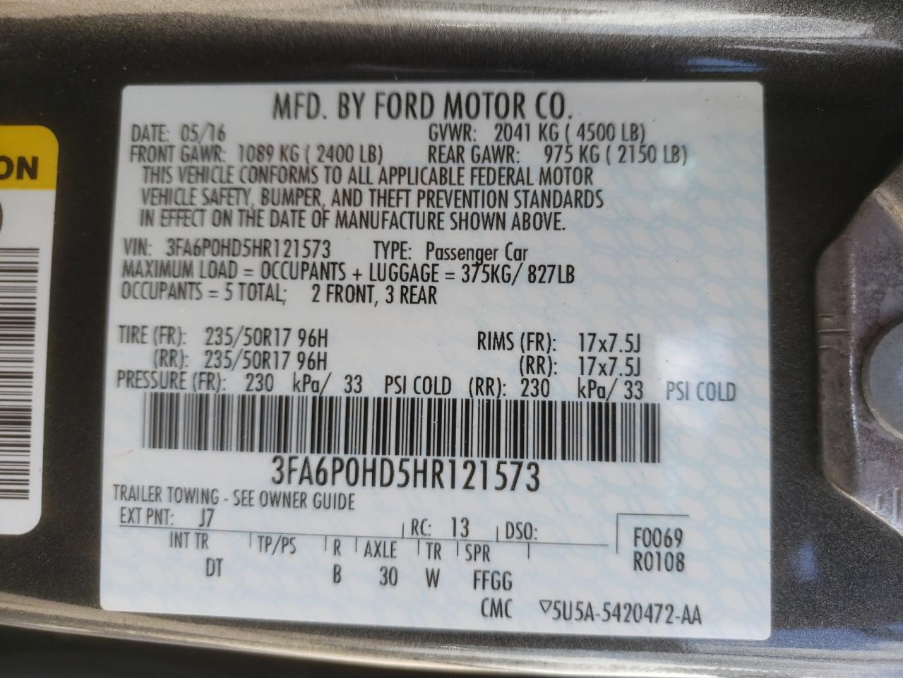 Photo 10 from auction – 2017 FORD FUSION SE with VIN 3FA6P0HD5HR121573