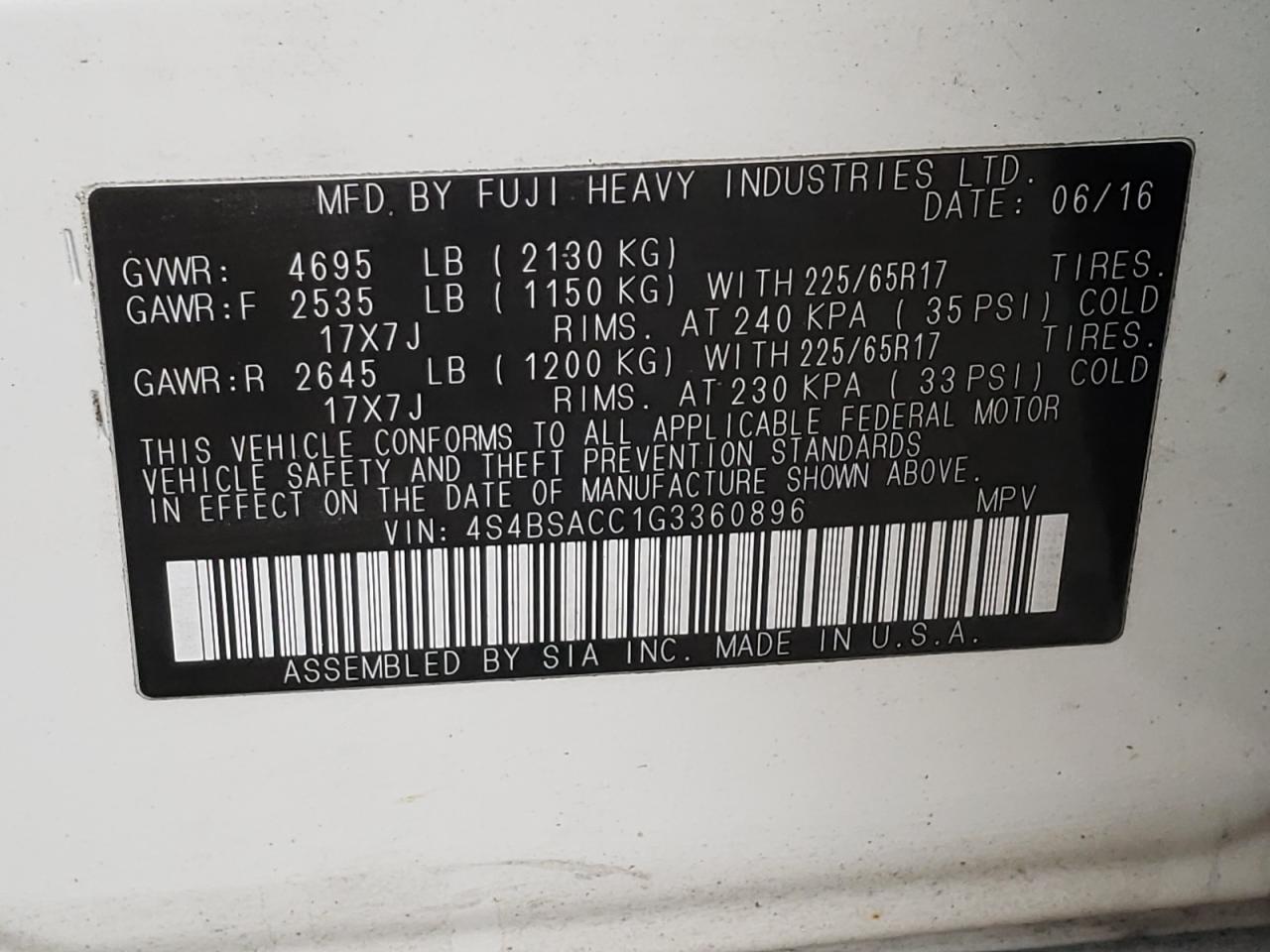 Photo 10 from auction – 2016 SUBARU OUTBACK with VIN 4S4BSACC1G3360896
