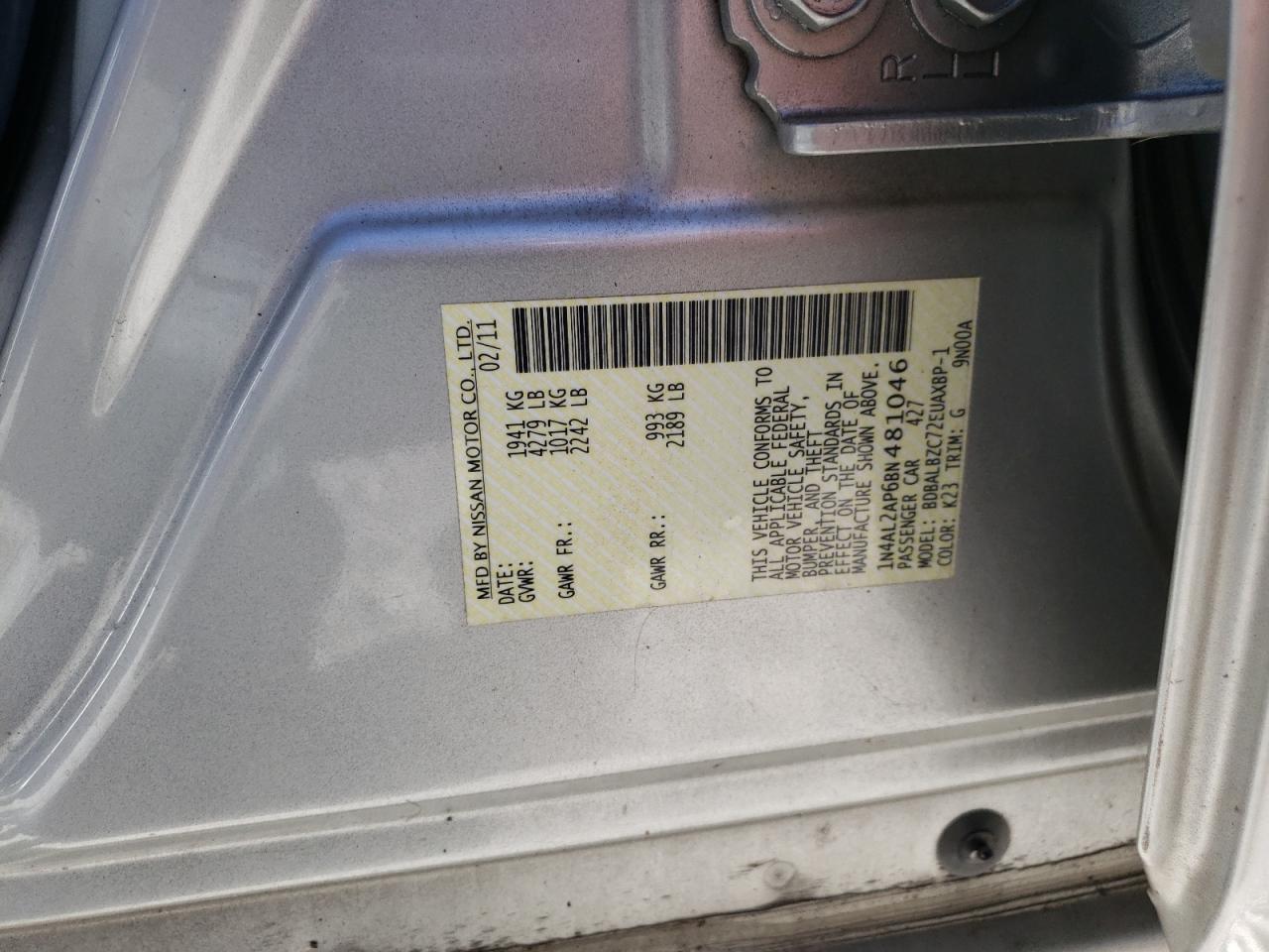 Photo 10 from auction – 2011 NISSAN ALTIMA BAS with VIN 1N4AL2AP6BN481046