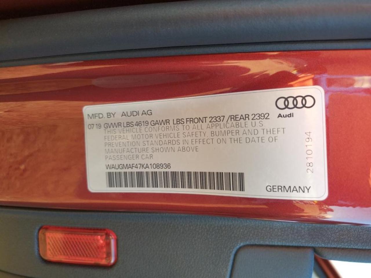 Photo 10 from auction – 2019 AUDI A4 PREMIUM with VIN WAUGMAF47KA108936