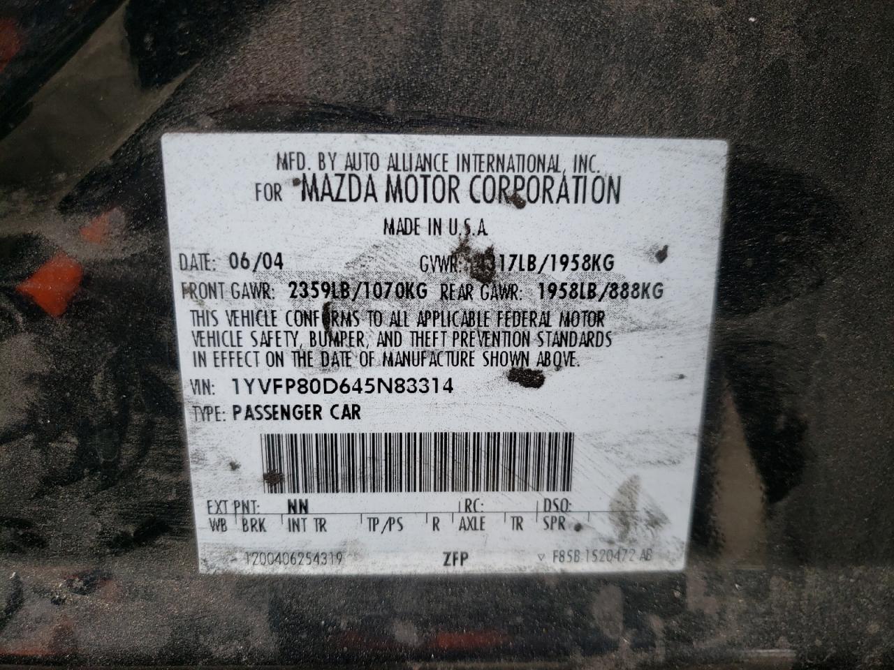 Photo 10 from auction – 2004 MAZDA 6 S with VIN 1YVFP80D645N83314