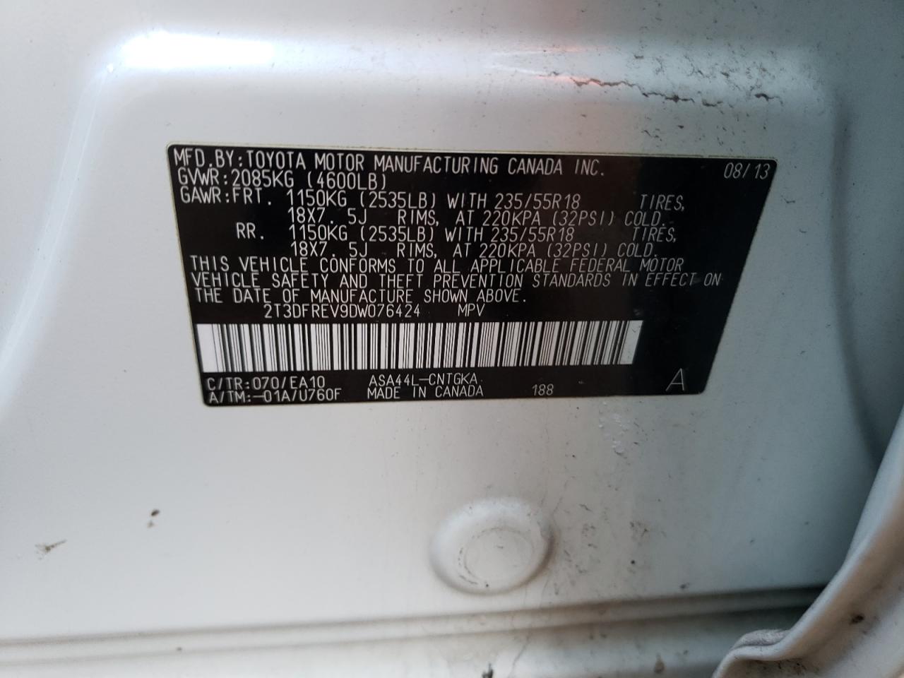 Photo 10 from auction – 2013 TOYOTA RAV4 LIMIT with VIN 2T3DFREV9DW076424