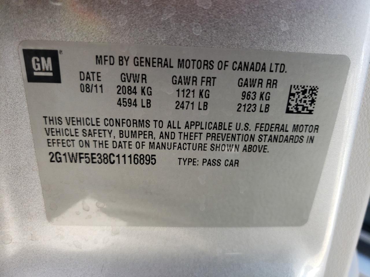 Foto 10 de la subasta – 2012 CHEVROLET IMPALA LS con VIN 2G1WF5E38C1116895