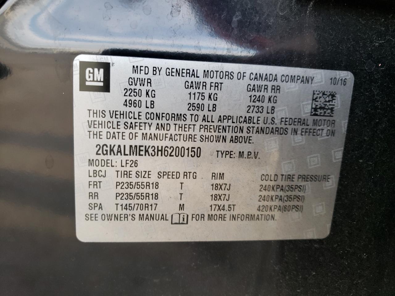 Photo 10 from auction – 2017 GMC TERRAIN SL with VIN 2GKALMEK3H6200150