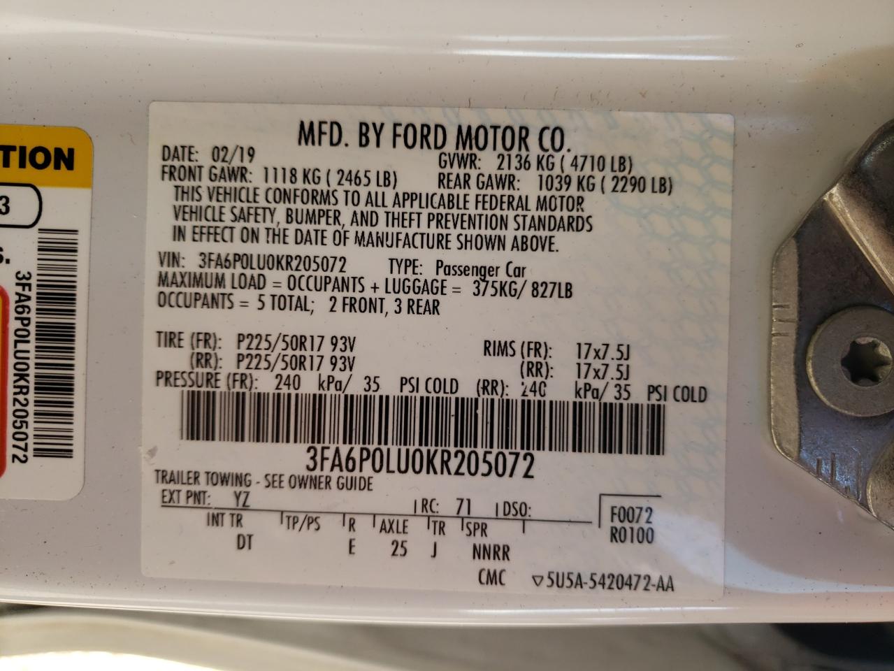 Photo 10 from auction – 2019 FORD FUSION SE with VIN 3FA6P0LU0KR205072