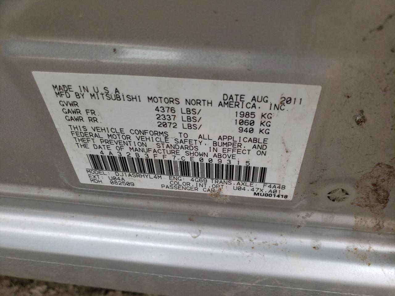 Photo 10 from auction – 2012 MITSUBISHI GALANT ES with VIN 4A32B3FF7CE009315