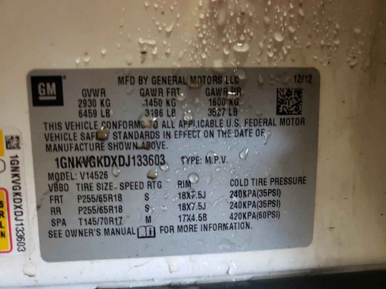 Photo 10 from auction – 2013 CHEVROLET TRAVERSE L with VIN 1GNKVGKDXDJ133603