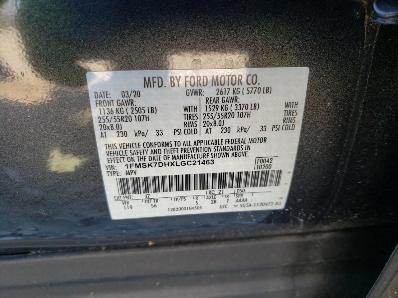 Photo 10 from auction – 2020 FORD EXPLORER X with VIN 1FMSK7DHXLGC21463