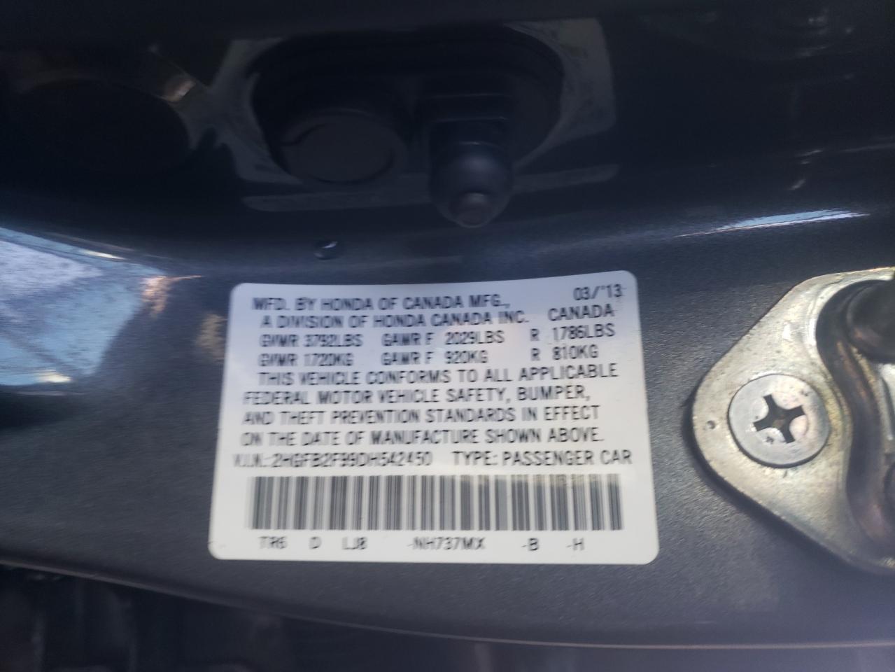 Photo 10 from auction – 2013 HONDA CIVIC EXL with VIN 2HGFB2F99DH542450