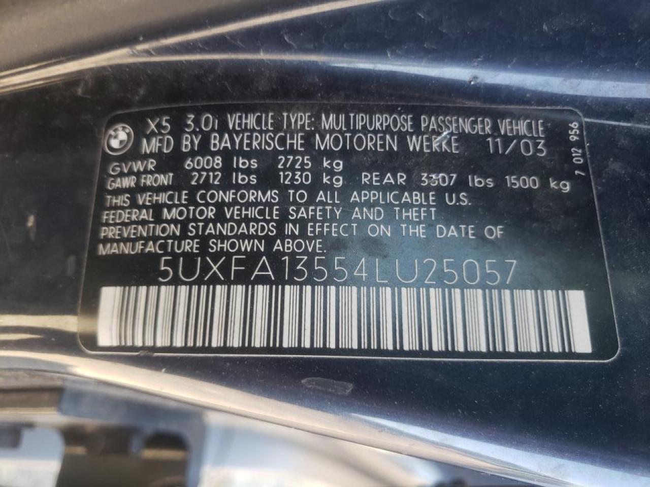 Photo 10 from auction – 2004 BMW X5 3.0I with VIN 5UXFA13554LU25057