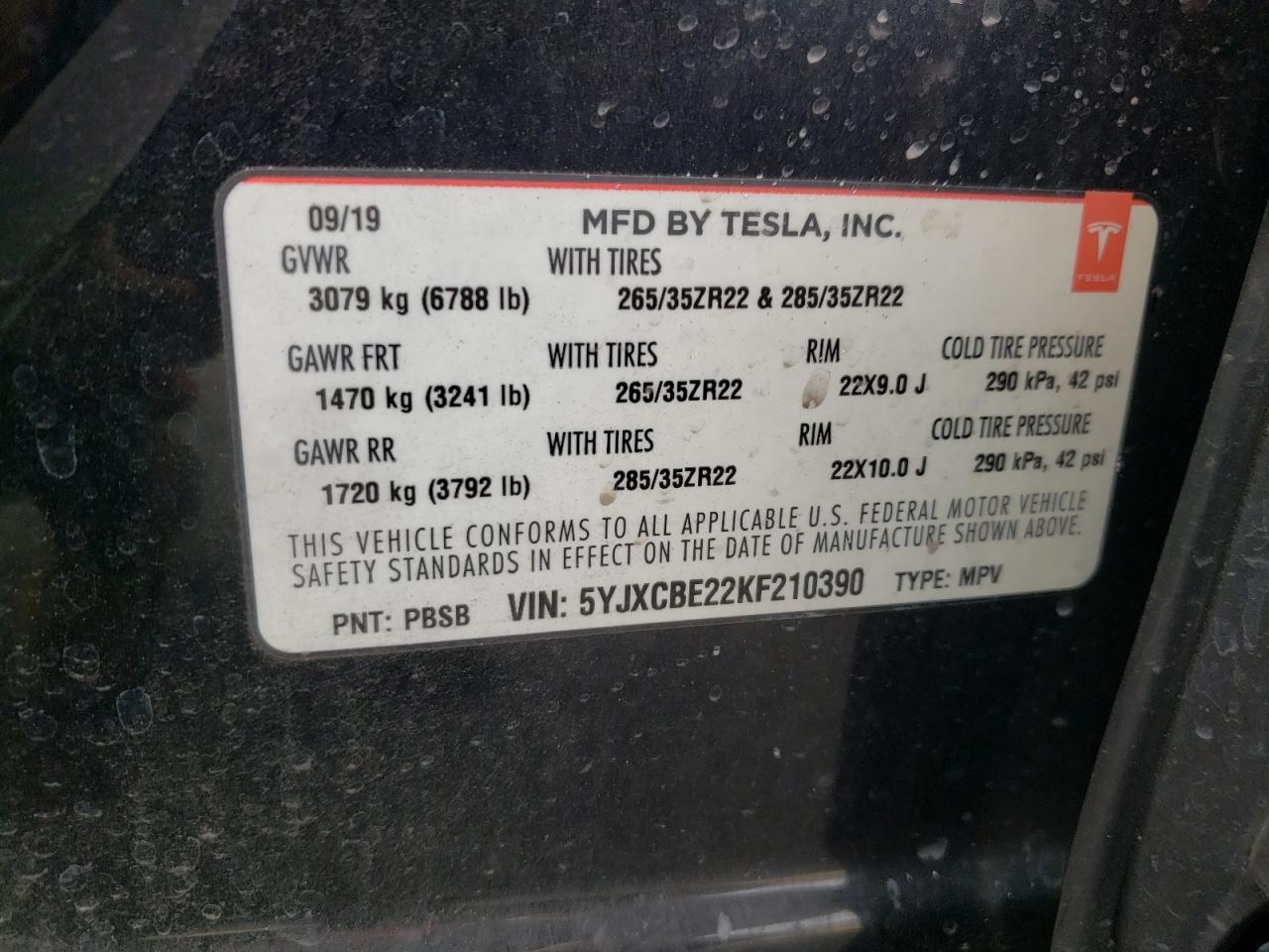 Photo 10 from auction – 2019 TESLA MODEL X with VIN 5YJXCBE22KF210390