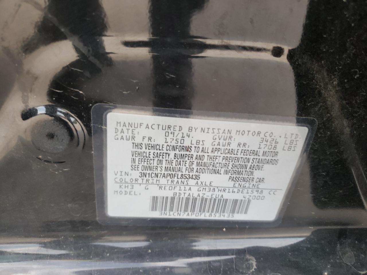 Photo 10 from auction – 2015 NISSAN VERSA S with VIN 3N1CN7AP0FL853435