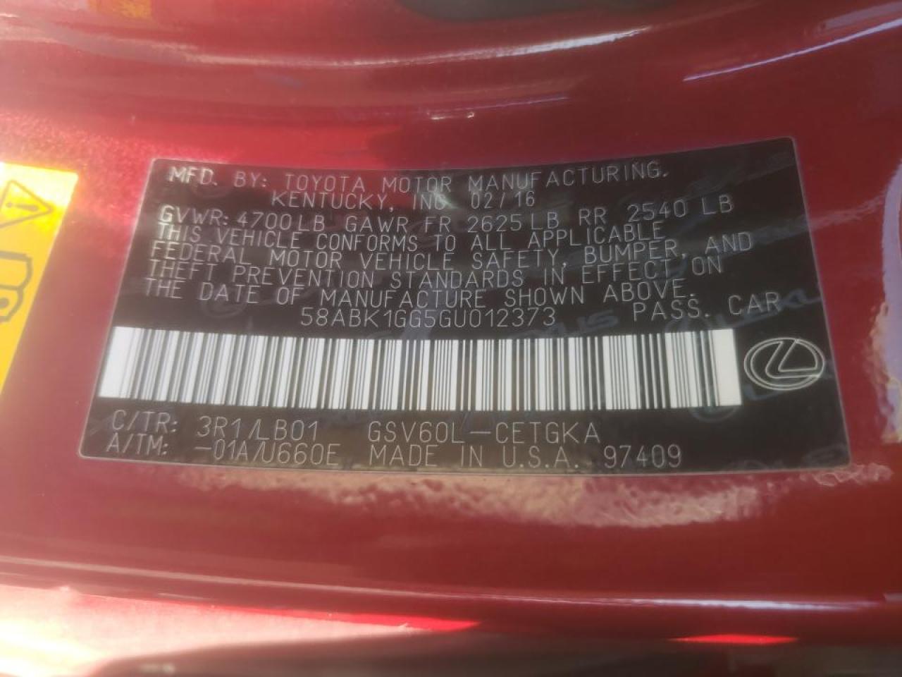 Photo 10 from auction – 2016 LEXUS ES 350 with VIN 58ABK1GG5GU012373