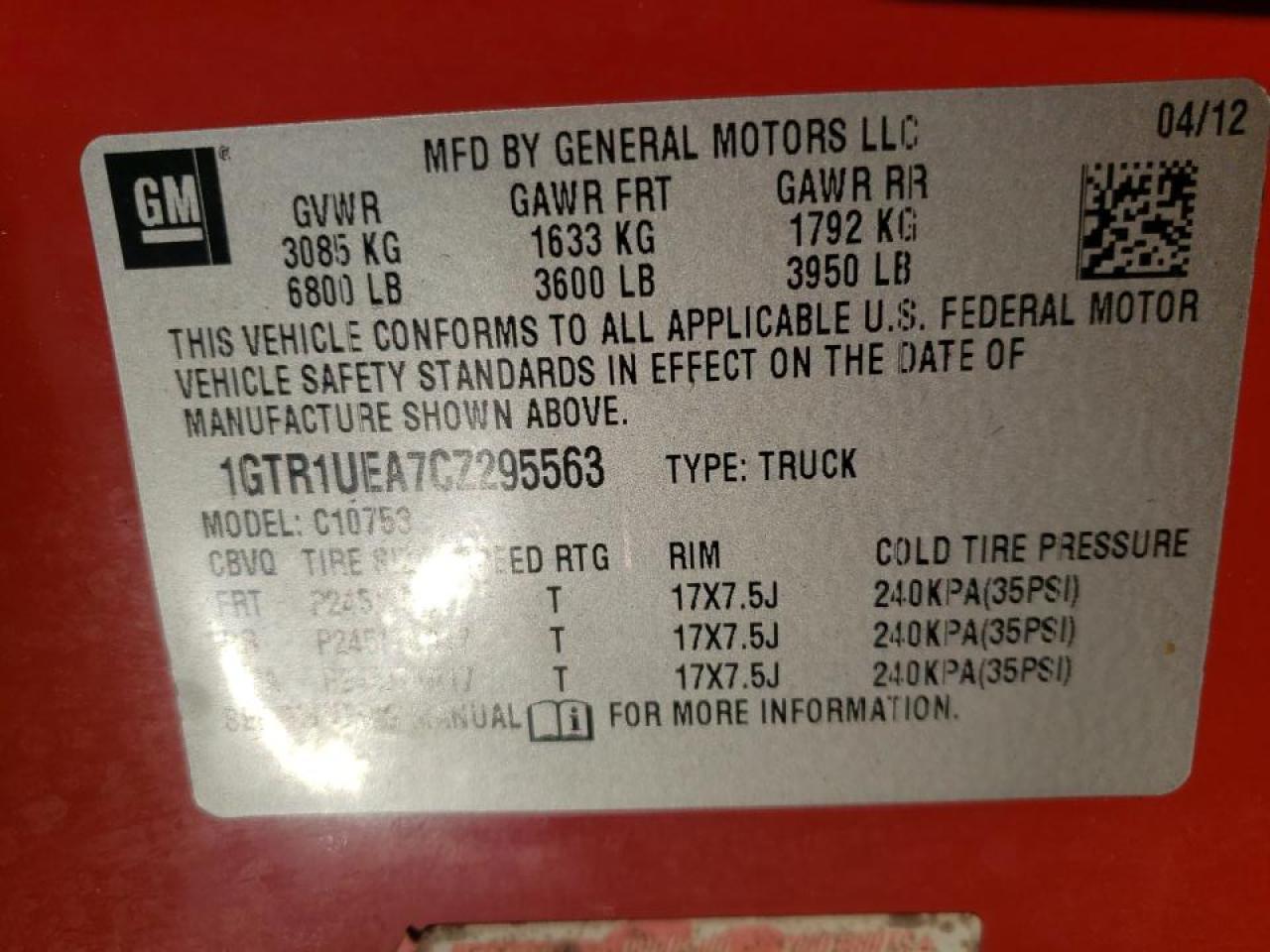 Photo 10 from auction – 2012 GMC SIERRA C15 with VIN 1GTR1UEA7CZ295563