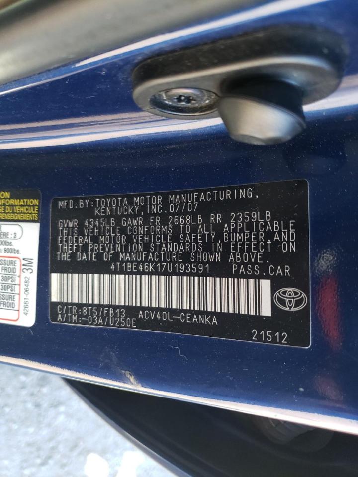 Photo 10 from auction – 2007 TOYOTA CAMRY CE with VIN 4T1BE46K17U193591